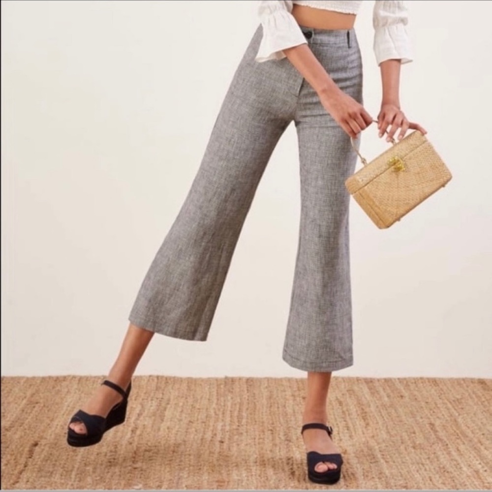 Reformation Tahiti 100% Linen High Waist Wide Leg Crop Pants in Houndstooth